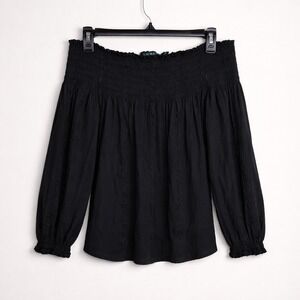 LAUREN Ralph Lauren Black Off Shoulder Top L Parisian Fleur Noire Soft Gothic